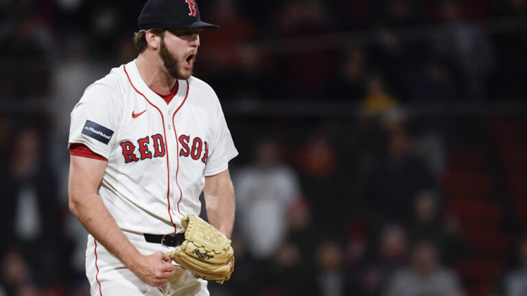 BOSTON, MASSACHUSETTS - APRIL 30: Justin Slaten #63 of the Boston Red Sox reacts after closing the game in the ninth inning against the San Francisco Giants at Fenway Park on April 30, 2024 in Boston, Massachusetts. (Photo by Jaiden Tripi/Getty Images)