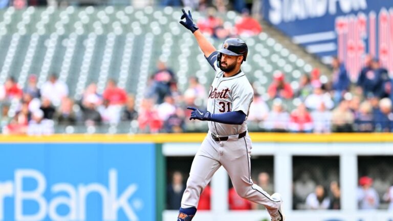 Riley Greene of the Detroit Tigers rounds the bases after hitting a leadoff solo homer during the first inning against the Cleveland Guardians.