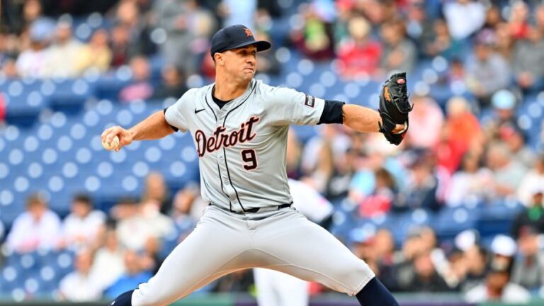 Starting pitcher Jack Flaherty of the Detroit Tigers pitches during the first inning against the Cleveland Guardians at Progressive Field.
