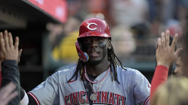 SAN FRANCISCO, CALIFORNIA - MAY 10: Elly De La Cruz #44 of the Cincinnati Reds is congratulated by teammates after he scored against the San Francisco Giants in the top of the third inning at Oracle Park on May 10, 2024 in San Francisco, California. (Photo by Thearon W. Henderson/Getty Images)