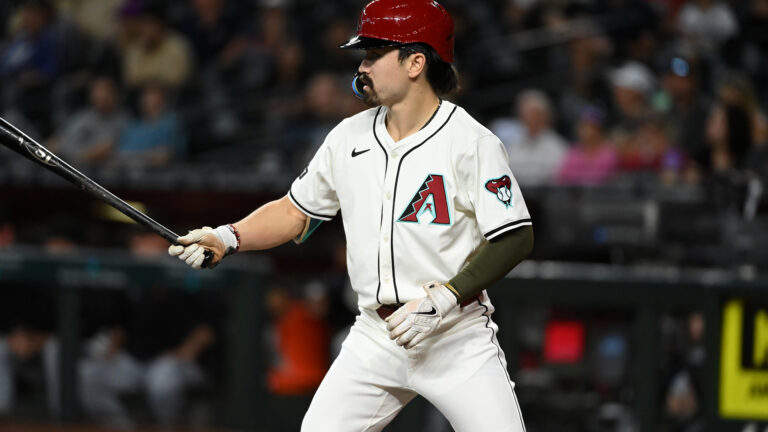 Center fielder Corbin Carroll of the Arizona Diamondbacks gets ready in the batters box against the Detroit Tigers at Chase Field.