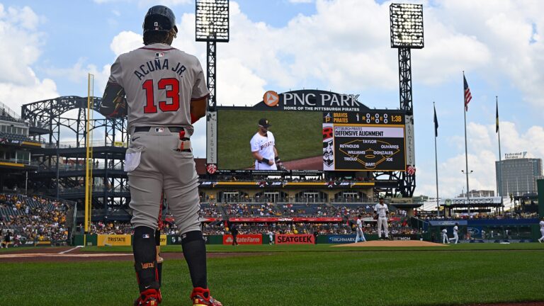 Ronald Acuña Jr. of the Atlanta Braves waits on deck in the first inning during the game against the Pittsburgh Pirates at PNC Park.