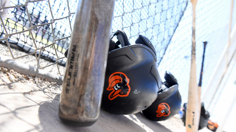 A closeup view of a Baltimore Orioles batting helmet prior to a minor league spring training game against the Atlanta Braves at the Buck ONeil Baseball Complex on March 21, 2023 in Sarasota, Florida. (Photo by Nick Cammett/Diamond Images via Getty I