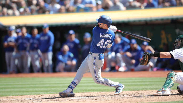 Spencer Horwitz of the Toronto Blue Jays bats during the game against the Oakland Athletics at RingCentral Coliseum.