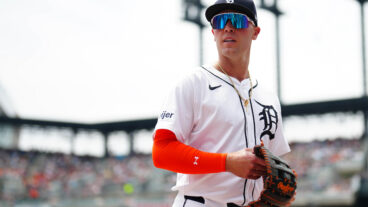 Kerry Carpenter of the Detroit Tigers looks on in the third inning during the game between the Miami Marlins and the Detroit Tigers at Comerica Park.