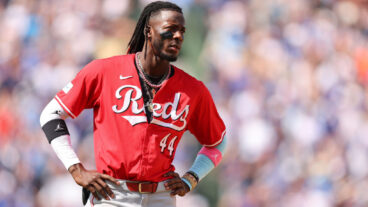 CHICAGO, ILLINOIS - MAY 31: Elly De La Cruz #44 of the Cincinnati Reds looks on against the Chicago Cubs during the seventh inning at Wrigley Field on May 31, 2024 in Chicago, Illinois. (Photo by Michael Reaves/Getty Images)