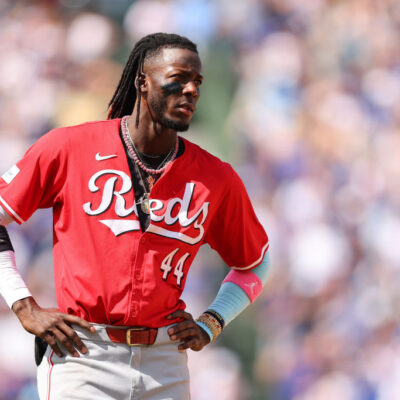 CHICAGO, ILLINOIS - MAY 31: Elly De La Cruz #44 of the Cincinnati Reds looks on against the Chicago Cubs during the seventh inning at Wrigley Field on May 31, 2024 in Chicago, Illinois. (Photo by Michael Reaves/Getty Images)