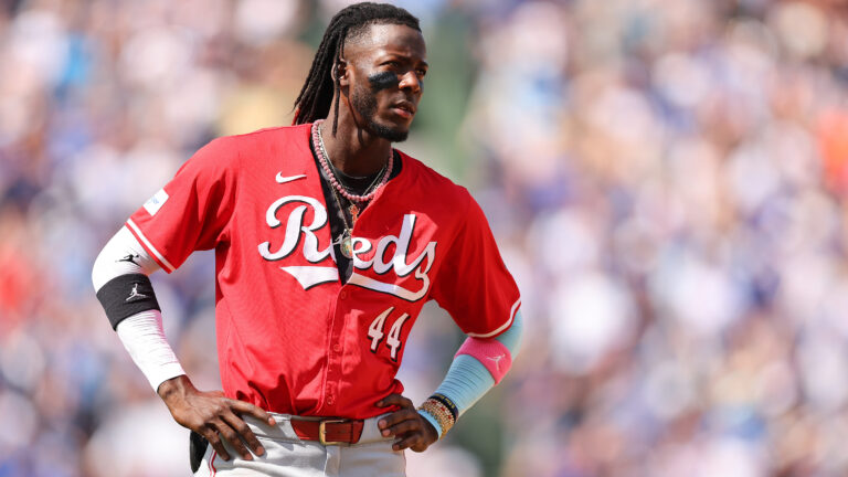 Elly De La Cruz of the Cincinnati Reds looks on against the Chicago Cubs during the seventh inning at Wrigley Field. (From Just Baseball's Power Rankings)