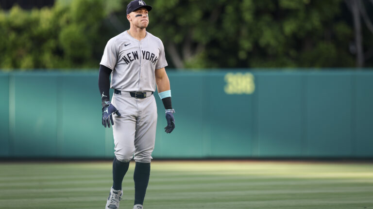 Aaron Judge of the New York Yankees warms up before the game against the Los Angeles Angels at Angel Stadium.