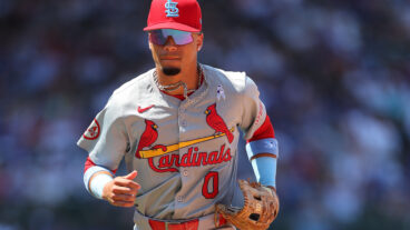 Masyn Winn of the St. Louis Cardinals looks on against the Chicago Cubs at Wrigley Field.