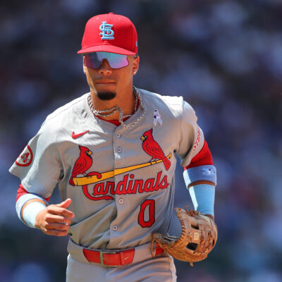 Masyn Winn of the St. Louis Cardinals looks on against the Chicago Cubs at Wrigley Field.