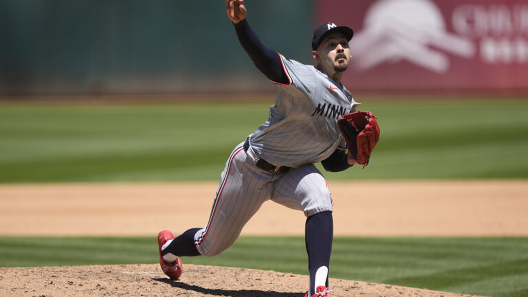 Pablo López of the Minnesota Twins pitches against the Oakland Athletics in the bottom of the fifth inning at the Oakland Coliseum.