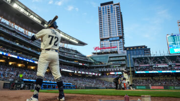 Brooks Lee of the Minnesota Twins looks on during his major league debut against the Detroit Tigers at Target Field.