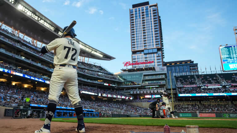 Brooks Lee of the Minnesota Twins looks on during his major league debut against the Detroit Tigers at Target Field.