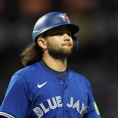 Bo Bichette of the Toronto Blue Jays looks on during the game against the San Francisco Giants at Oracle Park.