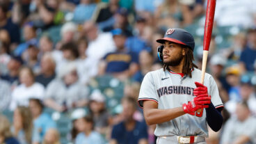 James Wood of the Washington Nationals holds a baseball bat