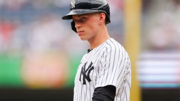 New York Yankees first base Ben Rice looks on during a game between the Tampa Bay Rays and the New York Yankees at Yankee Stadium.