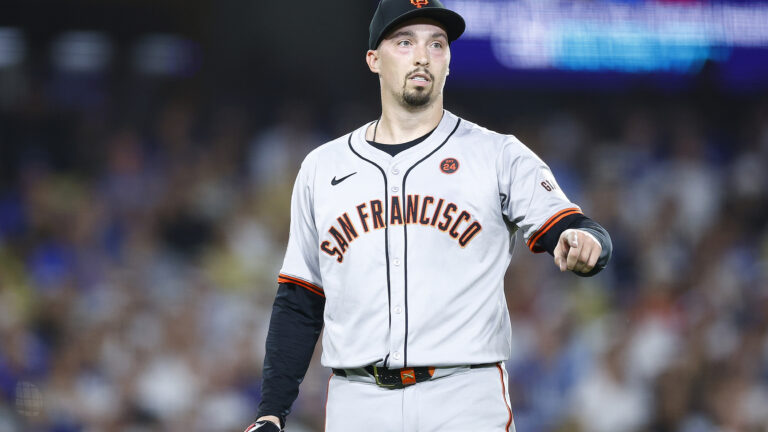 Blake Snell of the San Francisco Giants throws against the Los Angeles Dodgers in the fourth inning at Dodger Stadium.