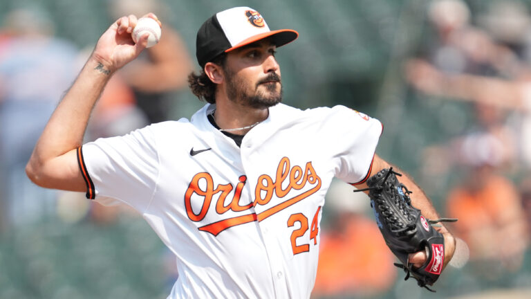 Zach Eflin of the Baltimore Orioles pitches in the second inning during game one of a doubleheader against the Toronto Blue Jays at the Oriole Park at Camden Yards.