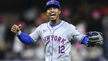 Francisco Lindor of the New York Mets celebrates after beating the San Diego Padres 8-3 in a baseball game at Petco Park.