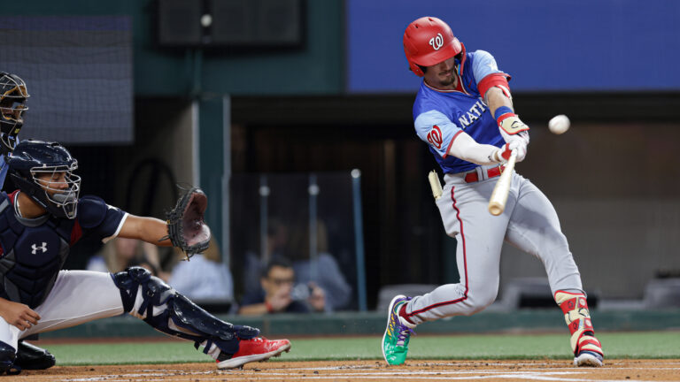 Dylan Crews of the Washington Nationals bats during the 2024 All-Star Futures Game at Globe Life Field.