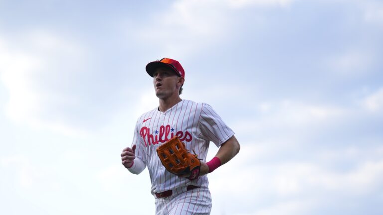 Austin Hays of the Philadelphia Phillies makes his way to the dugout against the Cleveland Guardians at Citizens Bank Park.