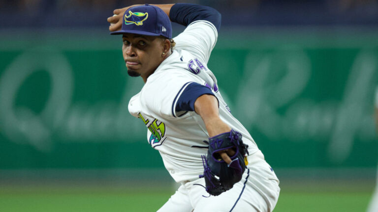 Edwin Uceta comes out of the Rays bullpen and throws a pitch against the Baltimore Orioles.