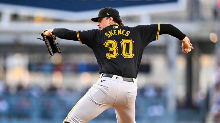 Paul Skenes of the Pittsburgh Pirates pitches in the bottom of the second inning during the regular season game against the Los Angeles Dodgers.