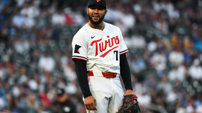 MINNEAPOLIS, MINNESOTA - AUGUST 10: Simeon Woods Richardson #78 of the Minnesota Twins reacts after giving up a home run in the sixth inning of the game against the Cleveland Guardians at Target Field on August 10, 2024 in Minneapolis, Minnesota. (Photo by Stephen Maturen/Getty Images)
