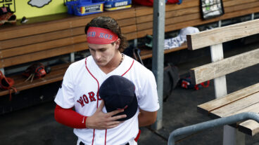 Worcester Red Sox outfielder Roman Anthony stands for the playing of the national anthem before his first game at Polar Park.