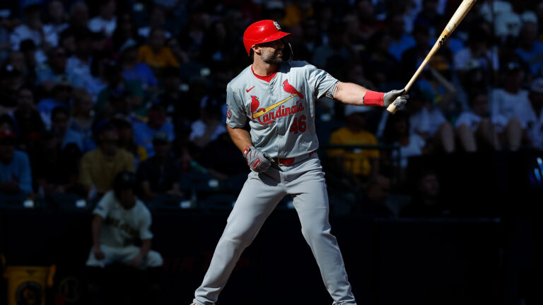 MILWAUKEE, WISCONSIN - SEPTEMBER 02: Paul Goldschmidt #46 of the St. Louis Cardinals up to bat as the sun shines through the stadium windows during the game against the Milwaukee Brewers at American Family Field on September 02, 2024 in Milwaukee, Wisconsin. (Photo by John Fisher/Getty Images)