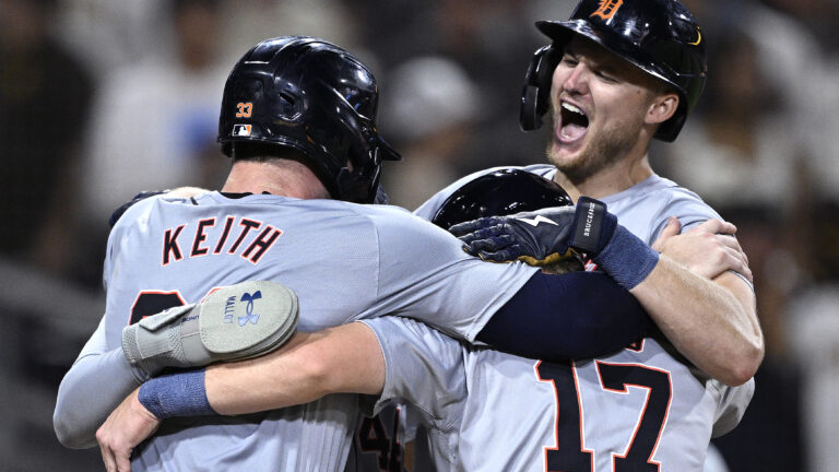 SAN DIEGO, CALIFORNIA - SEPTEMBER 05: Parker Meadows #22 of the Detroit Tigers celebrates with his grand slam home run in the ninth inning against the San Diego Padres at Petco Park on September 05, 2024 in San Diego, California. (Photo by Orlando Ramirez/Getty Images)