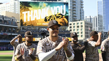 SAN DIEGO, CA - SEPTEMBER 22: Manny Machado #13 of the San Diego Padres acknowledges the fans after a 4-2 win over the Chicago White Sox September 22, 2024 at Petco Park in San Diego, California. (Photo by Denis Poroy/Getty Images)