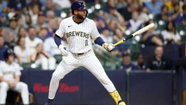 Jackson Chourio #11 of the Milwaukee Brewers up to bat against the Arizona Diamondbacks at American Family Field.