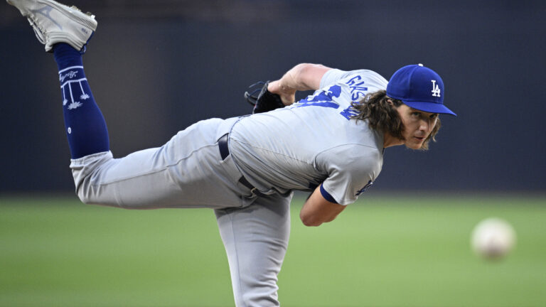 Tyler Glasnow of the Los Angeles Dodgers pitches against the San Diego Padres during the first inning at Petco Park.