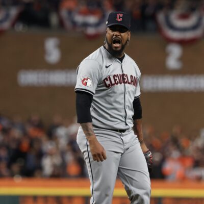 Emmanuel Clase of the Cleveland Guardians reacts after a strike out during the eighth inning against the Detroit Tigers during Game Four of the Division Series at Comerica Park.