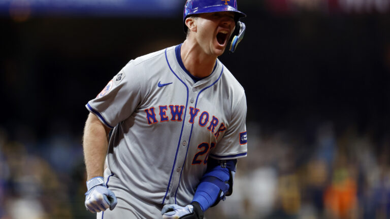 Pete Alonso of the New York Mets is one of the top pending free agents. Here, he rounds the bases after hitting a home run in the ninth inning against the Milwaukee Brewers during Game Three of the Wild Card Series at American Family Field on October 03, 2024 in Milwaukee, Wisconsin. His home run pushed the Mets into the next round of the playoffs. (Photo by John Fisher/Getty Images)