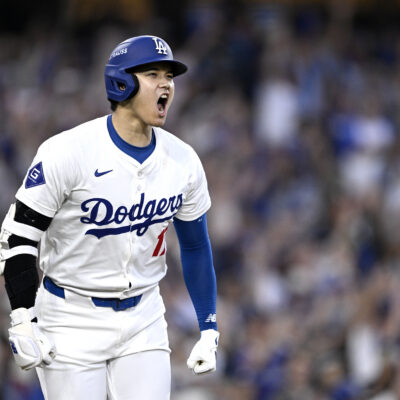 Shohei Ohtani, who will one day make the Hall of Fame, celebrates a three run home run during the second inning against the San Diego Padres in Game One of the Division Series at Dodger Stadium on October 05, 2024 in Los Angeles, California. (Photo by Orlando Ramirez/Getty Images)
