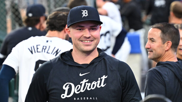 Detroit Tigers pitcher Tarik Skubal (29) smiles on his way to doing an in game interview during the Detroit Tigers versus the Tampa Bay Rays game on Wednesday September 25, 2024 at Comerica Park.