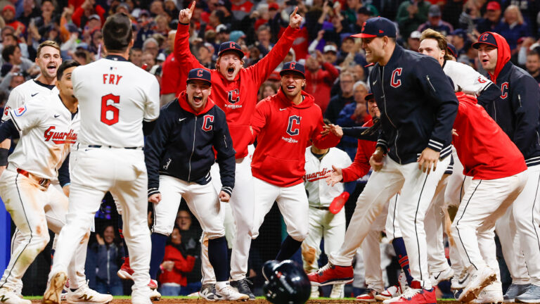 CLEVELAND, OH - OCTOBER 17: David Fry #6 of the Cleveland Guardians celebrates with teammates at home plate after hitting a two-run walk-off home run in the 10th inning during Game 3 of the ALCS presented by loanDepot between the New York Yankees and the Cleveland Guardians at Progressive Field on Thursday, October 17, 2024 in Cleveland, Ohio. (Photo by Lauren Leigh Bacho/MLB Photos via Getty Images)