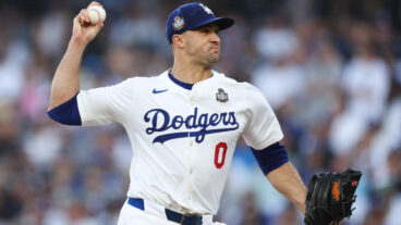 Jack Flaherty of the Los Angeles Dodgers pitches in the first inning against the New York Yankees during Game One of the 2024 World Series at Dodger Stadium.
