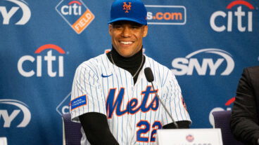 Juan Soto of the New York Mets speaks to the media during the Juan Soto introductory press conference at Citi Field.