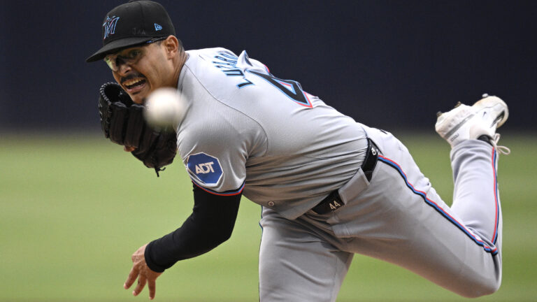 SAN DIEGO, CALIFORNIA - MAY 28: Jesus Luzardo #44 of the Miami Marlins pitches against the San Diego Padres during the first inning at Petco Park on May 28, 2024 in San Diego, California. (Photo by Orlando Ramirez/Getty Images)