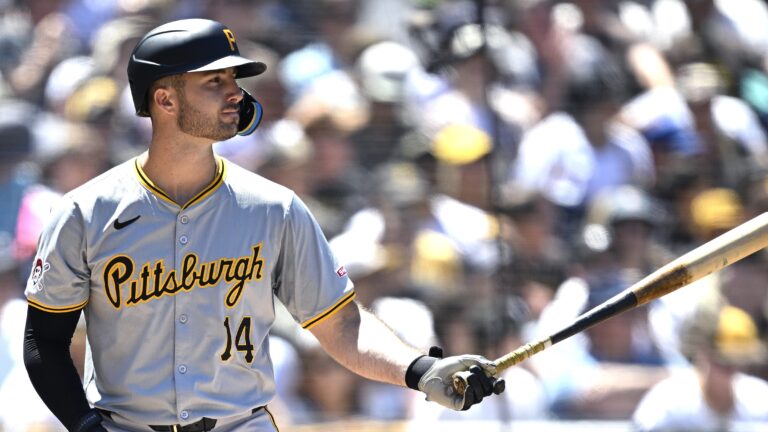 SAN DIEGO, CALIFORNIA - AUGUST 14: Joey Bart #14 of the Pittsburgh Pirates bats during the third inning against the San Diego Padres at Petco Park on August 14, 2024 in San Diego, California. (Photo by Orlando Ramirez/Getty Images)