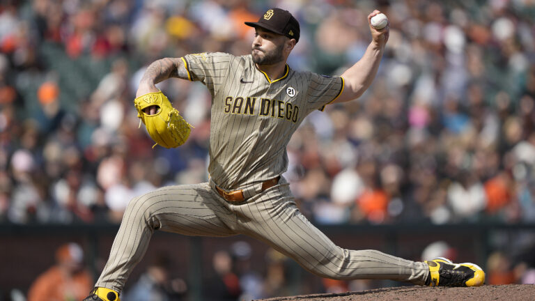 SAN FRANCISCO, CALIFORNIA - SEPTEMBER 15: Tanner Scott #66 of the San Diego Padres pitches against the San Francisco Giants in the bottom of the seventh inning at Oracle Park on September 15, 2024 in San Francisco, California. In honor of Roberto Clemente day some players around the league has chosen to wear the jersey number 21. (Photo by Thearon W. Henderson/Getty Images)