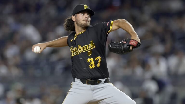 NEW YORK, NEW YORK - SEPTEMBER 27: Jared Jones #37 of the Pittsburgh Pirates in action against the New York Yankees at Yankee Stadium on September 27, 2024 in New York City. The Pirates defeated the Yankees 4-2. (Photo by Jim McIsaac/Getty Images)