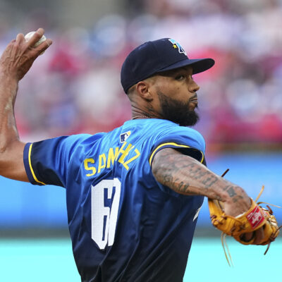 Cristopher Sánchez of the Philadelphia Phillies throws a pitch in the top of the first inning against the Cleveland Guardians at Citizens Bank Park.