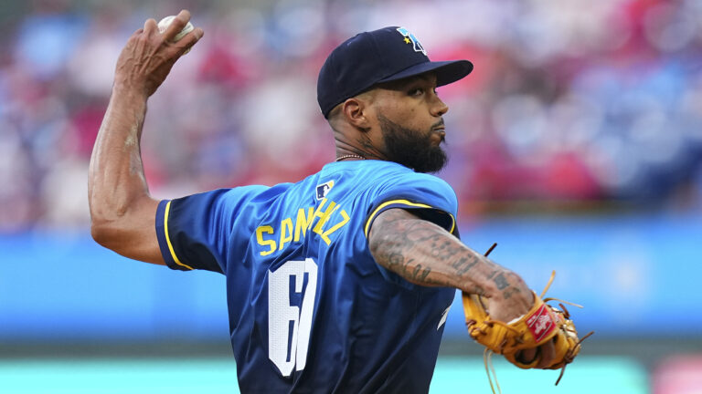 Cristopher Sánchez of the Philadelphia Phillies throws a pitch in the top of the first inning against the Cleveland Guardians at Citizens Bank Park.
