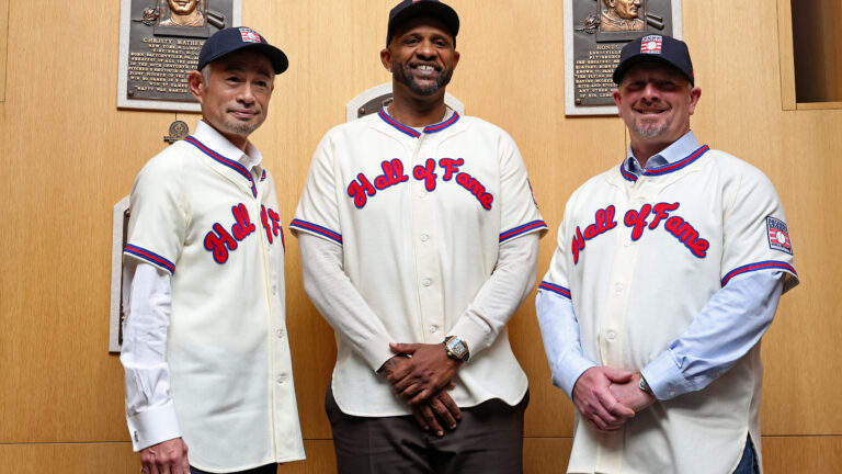Ichiro Suzuki, CC Sabathia and Billy Wagner pose for a photo after being elected by the BBWAA into the National Baseball Hall of Fame Class of 2025.
