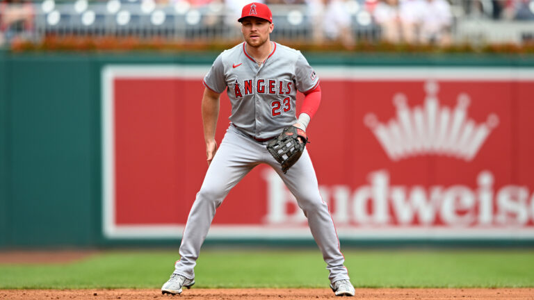 Brandon Drury of the Los Angeles Angels plays third base against the Washington Nationals at Nationals Park.
